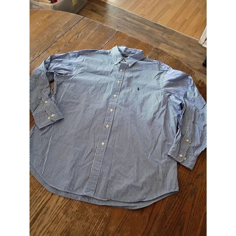 17.5 Ralph Lauren Cotton Blue White Striped Long Sleeve Button Front Dress Shirt